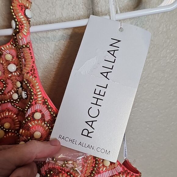 NWT Rachel Allan Neon Coral Beaded Halter A‎ Line Backless Formal Gown 8 - Picture 13 of 15